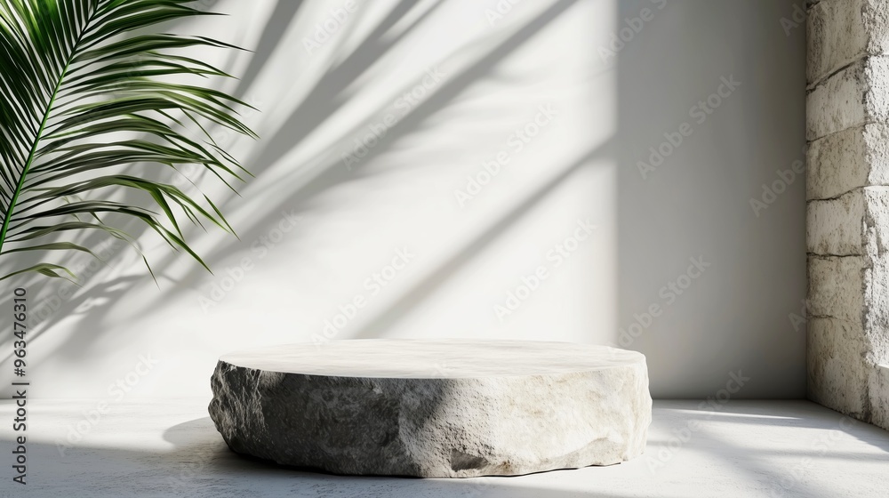 textured stone podium with soft palm leaf shadows on a beige background, ideal for natural product displays and modern interior settings. textured stone podium with soft palm leaf shadows on a beige background, ideal for natural product displays and modern interior settings.