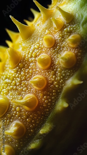 Close-up of a Spiky, Yellow Fruit with Bumps and a Rough Texture photo