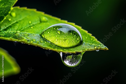 Macro photo of a dewdrop, resting on a leaf capturing the delicate reflection of the surrounding garden