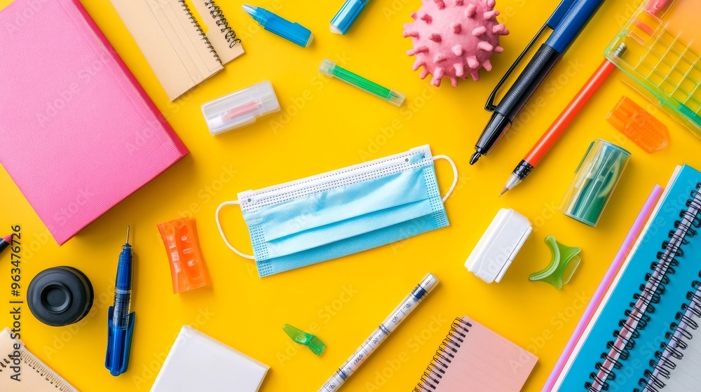 Top-down view of face mask and school supplies. Top-down view of face mask and school supplies.