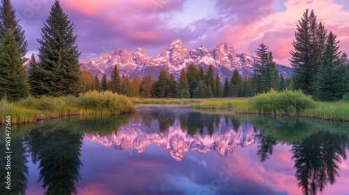 Grand Tetons aflame at sunset, viewed from Schwabacher Landing. photo