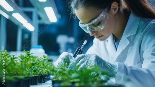 A female scientist in a lab coat and safety glasses carefully examines a plant seedling under a high-tech grow light. She represents the future of agriculture, sustainability, and scientific innovatio photo