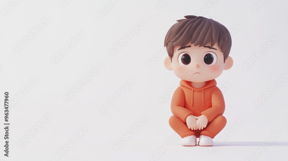 A cute, stylized cartoon boy in an orange outfit, sitting and looking contemplative. A cute, stylized cartoon boy in an orange outfit, sitting and looking contemplative.