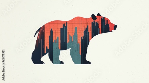 Stylized bear silhouette with urban skyline and stock market graphs, symbolizing market trends and economic insights. photo