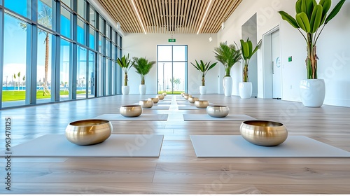 Serene sound bath meditation, with Tibetan singing bowls resonating softly in a tranquil room. The deep, soothing vibrations of the bowls fill the space, helping participants relax and reach  photo