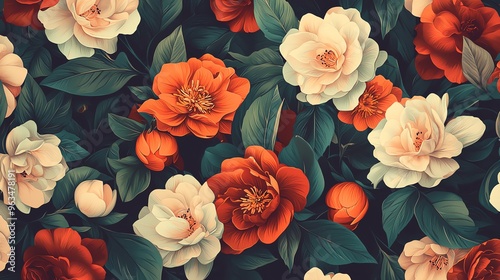 Vibrant floral pattern featuring colorful blooms and lush green leaves, perfect for design and decor making a bold statement.