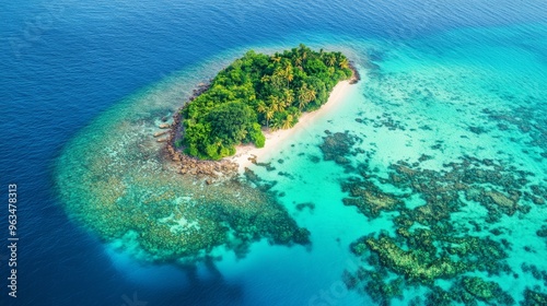 Tropical Island with Turquoise Waters and Visible Coral Reefs