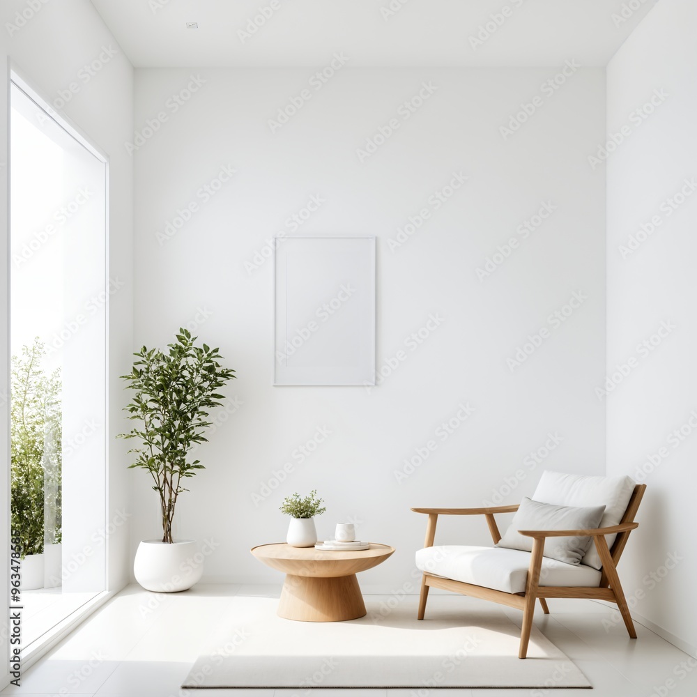 3D Render of a modern living room with white walls a wooden chair and a potted plant. 3D Render of a modern living room with white walls a wooden chair and a potted plant.