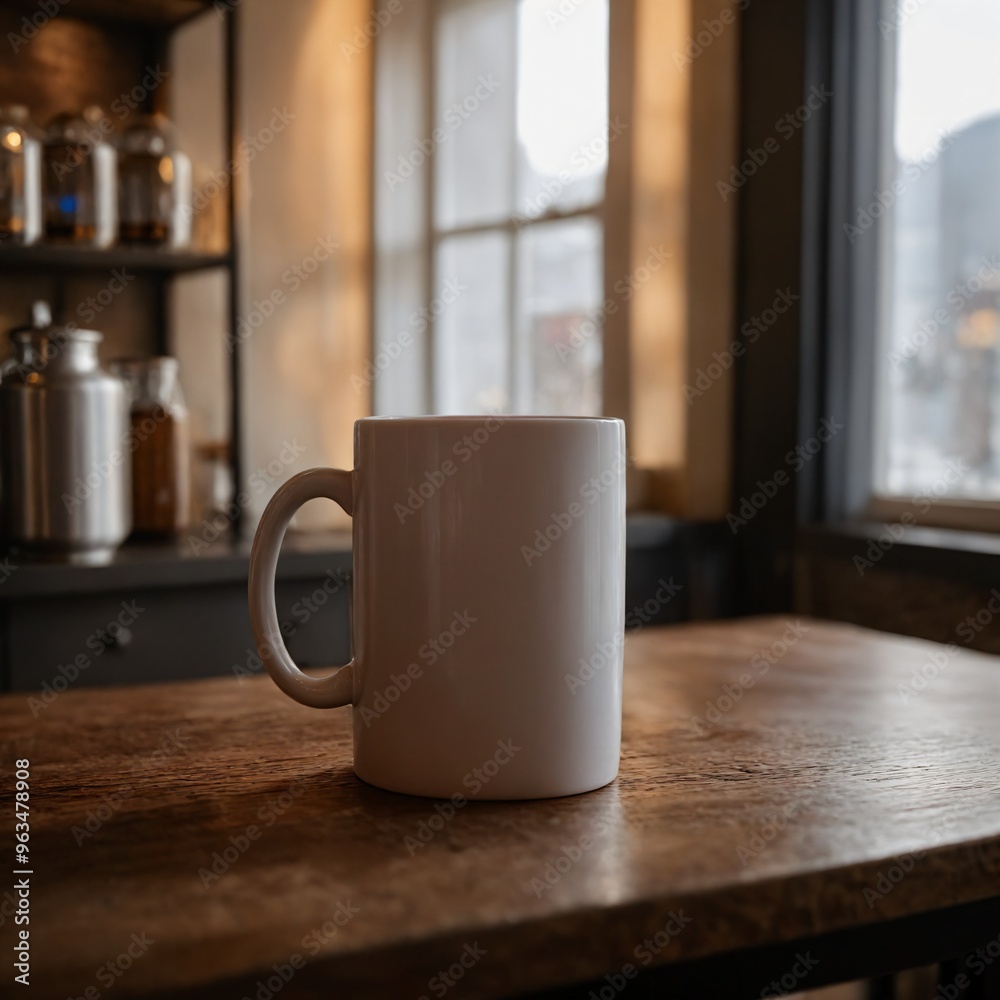 3D Render of a white mug on a wooden table in front of a window. 3D Render of a white mug on a wooden table in front of a window.