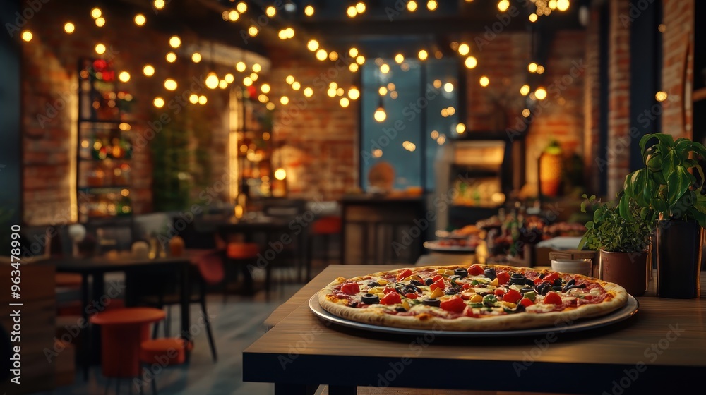 A Pizza on a Wooden Table in a Cozy Restaurant
