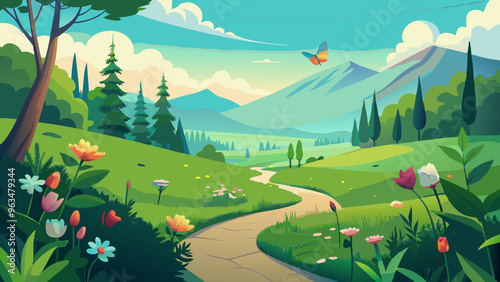Vector illustration of a lush green meadow with wildflowers landscape. 