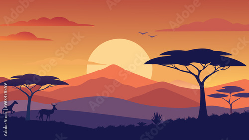 Sunset in the desert landscape vector illustration