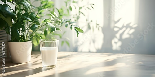 Glass of milk on a table with a plant in the foreground.