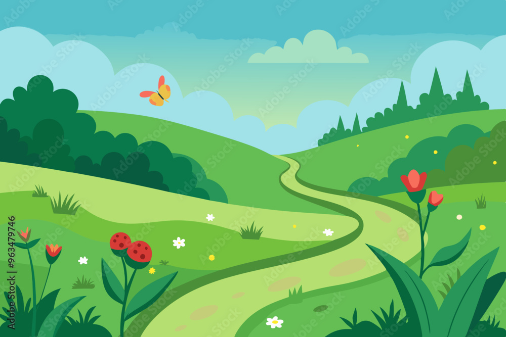 Fototapeta premium Vector illustration of a lush green meadow with wildflowers landscape.
