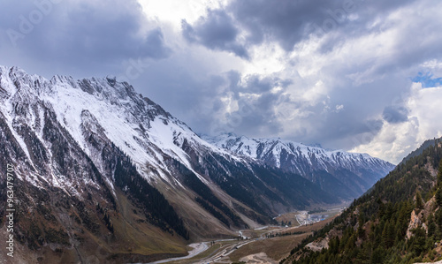 View en-route to Zoji la pass at elevation of 3528m in zanskar himalayas mountain range on Srinagar Leh highway, Jammu and Kashmir, India.