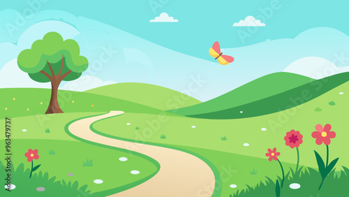 Vector illustration of a lush green meadow with wildflowers landscape. 