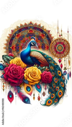 Flowers and a peacock surround a peacock golden with colored roses and mandala