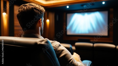 A man enjoys a movie in a luxurious home theater equipped with plush seating and a large screen, creating an immersive cinematic experience. The theater is designed with high-quality sound and lightin