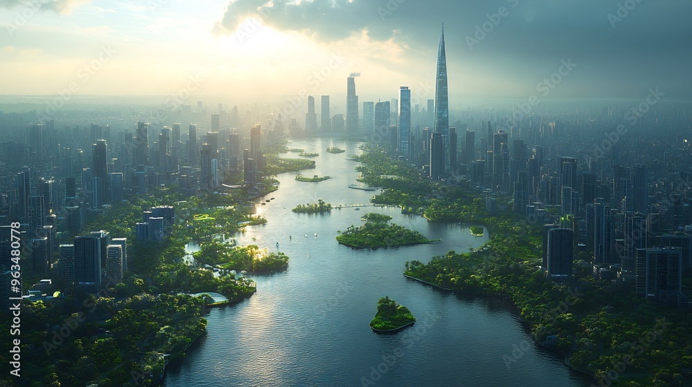 Aerial view of futuristic city with skyscrapers and green spaces integrated into the urban landscape Aerial view of futuristic city with skyscrapers and green spaces integrated into the urban landscape