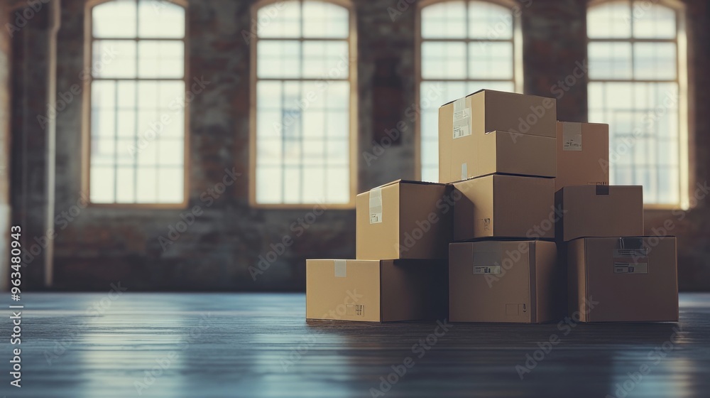 Cardboard boxes stacked in empty room. Cardboard boxes stacked in empty room.