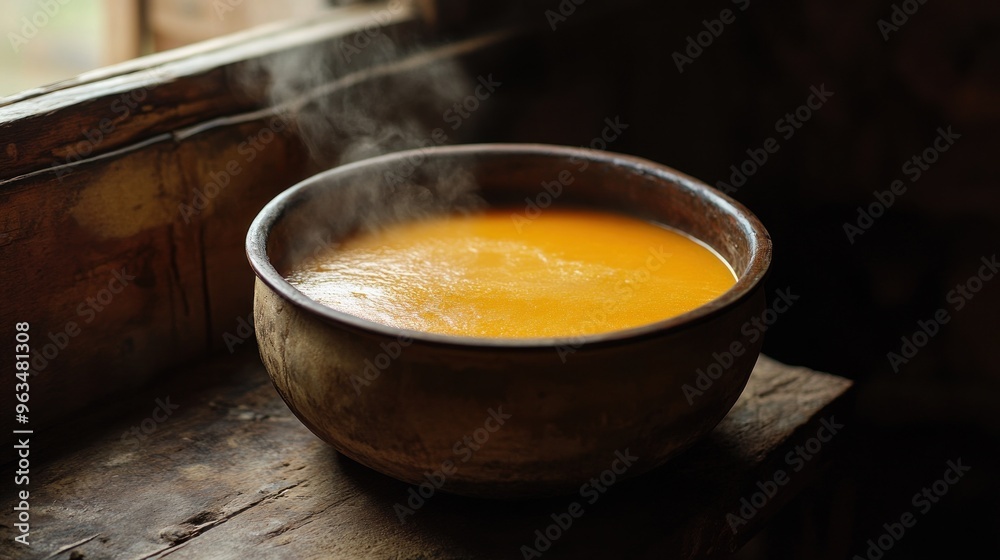 Steaming Bowl of Orange Soup on Rustic Wooden Surface Steaming Bowl of Orange Soup on Rustic Wooden Surface