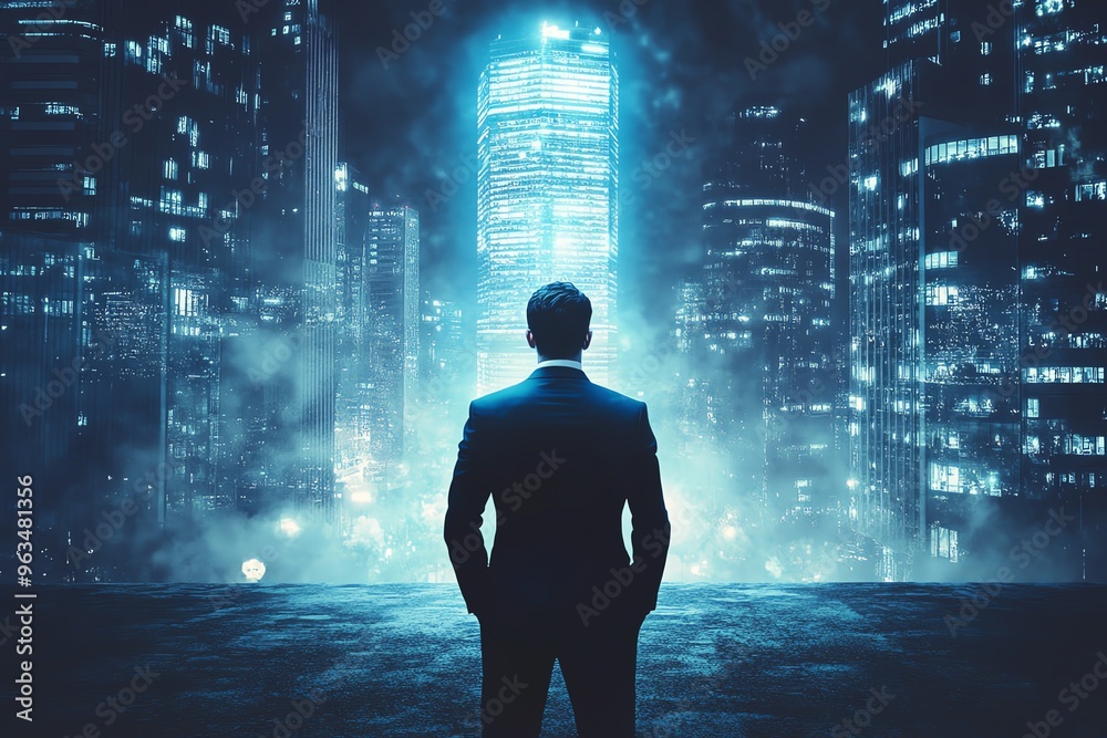 Businessman standing in front of illuminated futuristic cityscape at night, symbolizing ambition, success, and modern urban lifestyle. Businessman standing in front of illuminated futuristic cityscape at night, symbolizing ambition, success, and modern urban lifestyle.