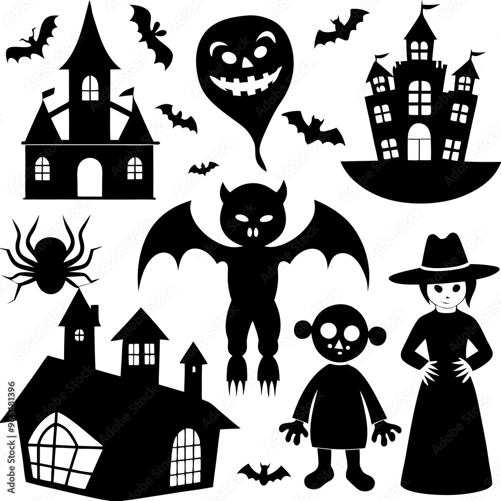 Set of Halloween silhouettes black icon and character. Vector illustration. Isolated on white background.
Set of Halloween silhouettes black icon and character. Vector illustration. Isolated on white background.