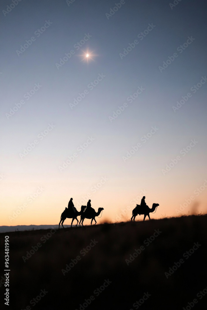 Epiphany Eve poster. Silhouette of the three wise men through the desert under the star of Bethlehem. Epiphany Eve poster. Silhouette of the three wise men through the desert under the star of Bethlehem.