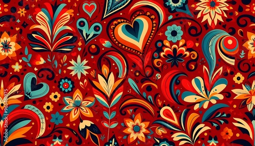 Colorful Floral Pattern with Hearts