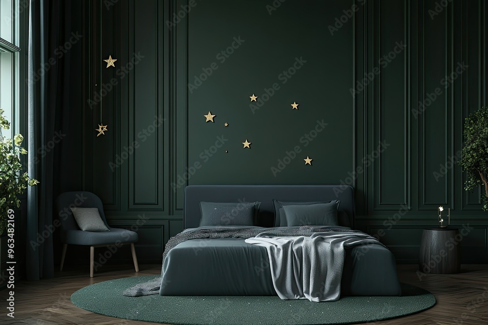luxury minimalist dark green kids bedroom with grey elegant set of bed and stars decoration luxury minimalist dark green kids bedroom with grey elegant set of bed and stars decoration
