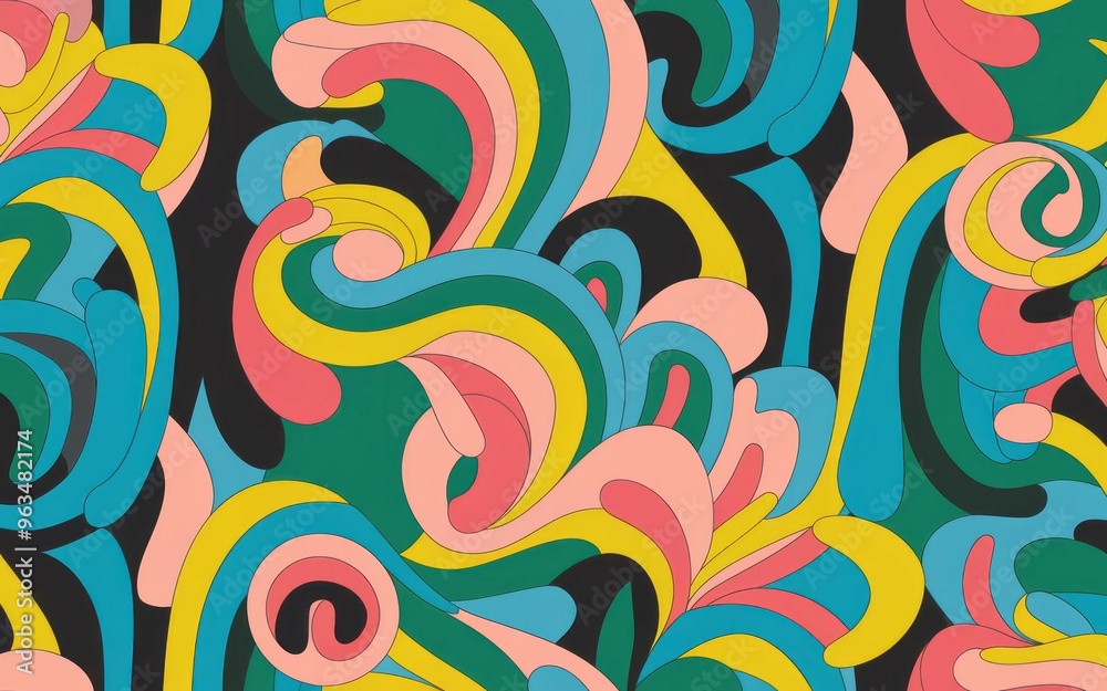 Fototapeta premium Abstract swirls design. Vibrant and colorful abstract swirls pattern in green, blue, pink, and yellow. A design perfect for contemporary, retro, and psychedelic projects.