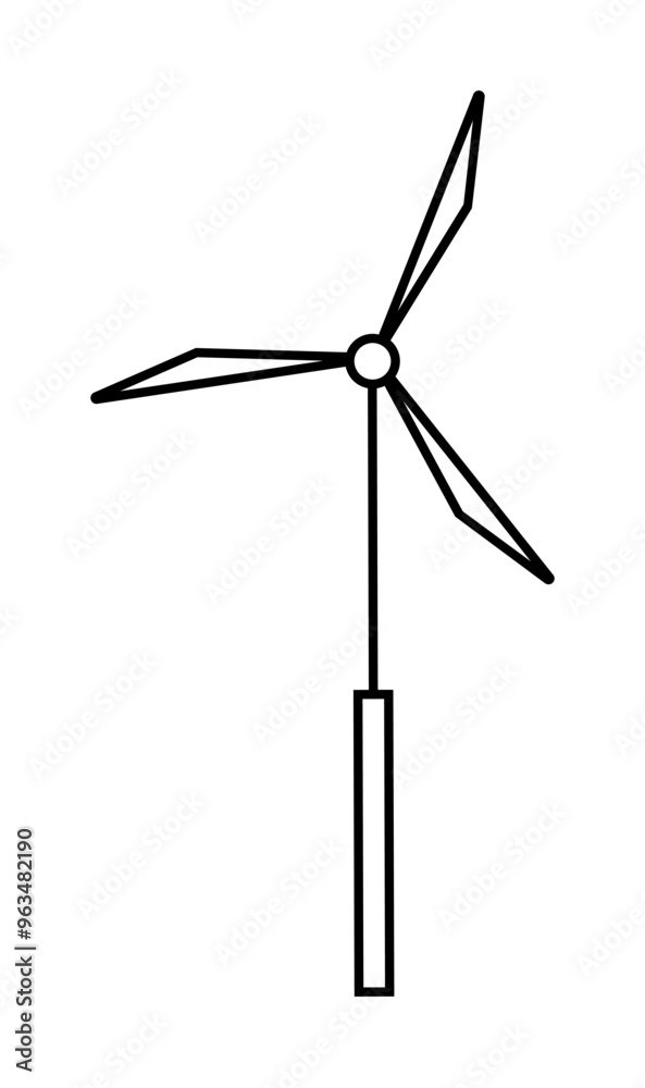 Black and white drawing of a wind turbine featuring three thin rotor blades attached to a cylindrical base. Themes: renewable energy, sustainability, environmental technology, wind energy Black and white drawing of a wind turbine featuring three thin rotor blades attached to a cylindrical base. Themes: renewable energy, sustainability, environmental technology, wind energy