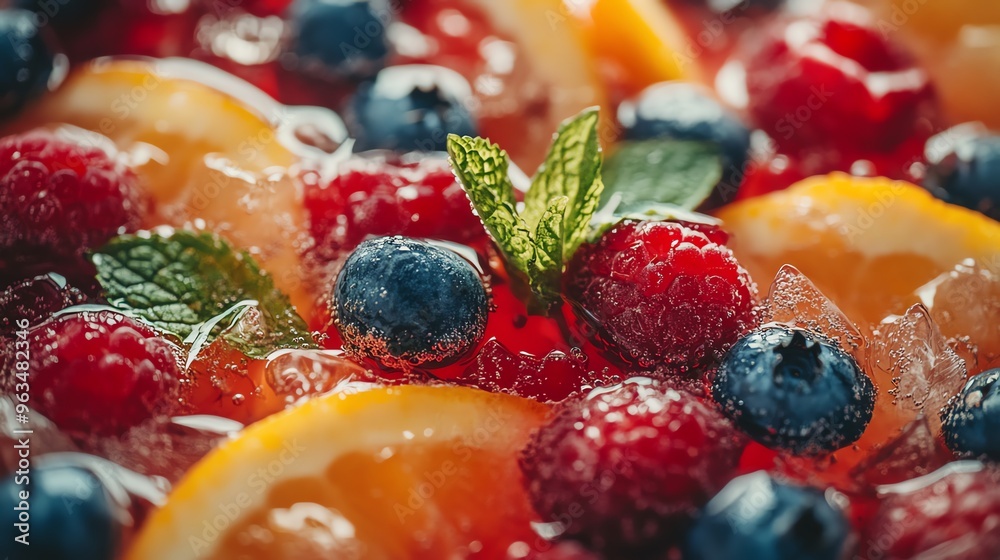 Close-up of colorful fruits including raspberries, blueberries, and orange slices with mint leaves, creating a refreshing and vibrant composition. Close-up of colorful fruits including raspberries, blueberries, and orange slices with mint leaves, creating a refreshing and vibrant composition.