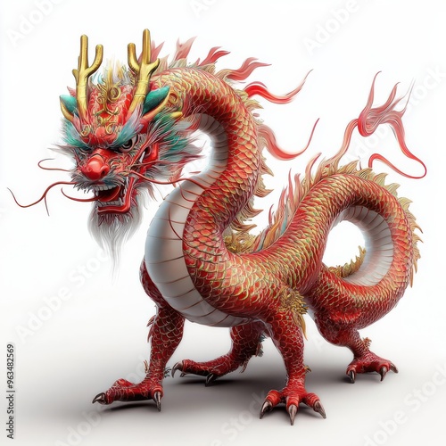 Traditional Chinese dragon, cultural element, digital painting, red and gold, isolated on white background