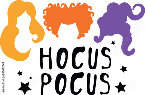Flat isolated three witches. Hocus pocus. Cartoon witch illustration vector.