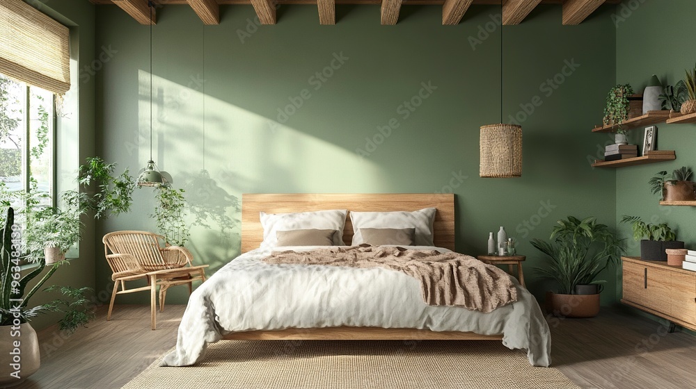 Fototapeta premium Bed room interior ,mid-century modern style A stylish and cozy relaxing room under the roof ,soft green wall ,3d render.generative ai