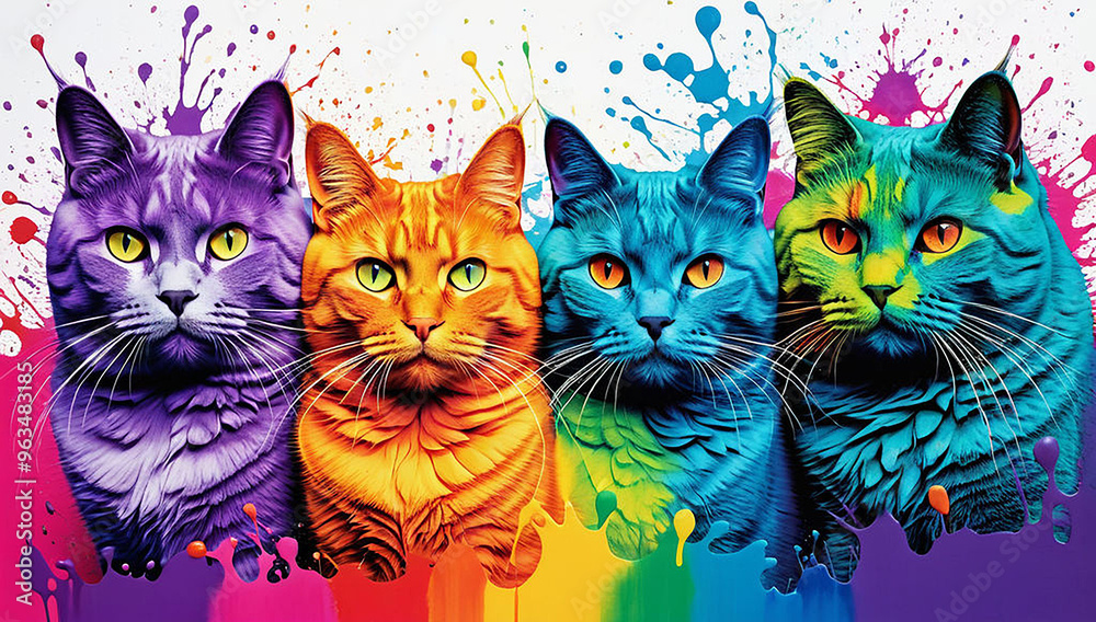 Fototapeta A  distinct fat cats arrayed horizontally, each embodying a separate rainbow hue, all against a stark white backdrop, surrounded by dynamic, free paint splatters