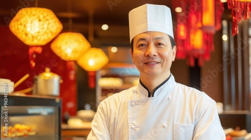 Smiling Chef in a White Uniform in a Restaurant Kitchen photo