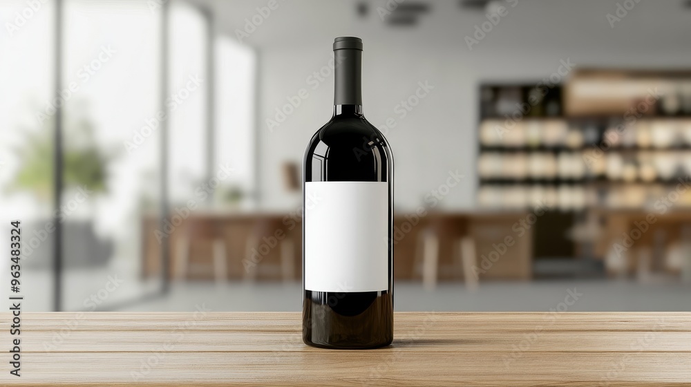 A photorealistic mockup of a blank wine bottle placed on a wooden table. The background features a blurred image of a wine shelf, suggesting a retail or bar setting. This image is perfect for showcasi