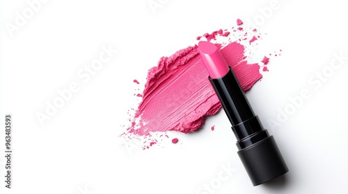 A pink lipstick lying on its side on a white background. There is a swatch of lipstick next to it. This image represents beauty, femininity, and style. The lipstick is a symbol of confidence and self- photo