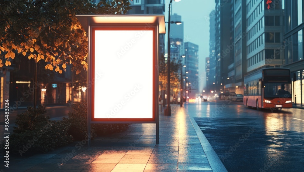 Blank Billboard in Rainy City Street at Night Blank Billboard in Rainy City Street at Night