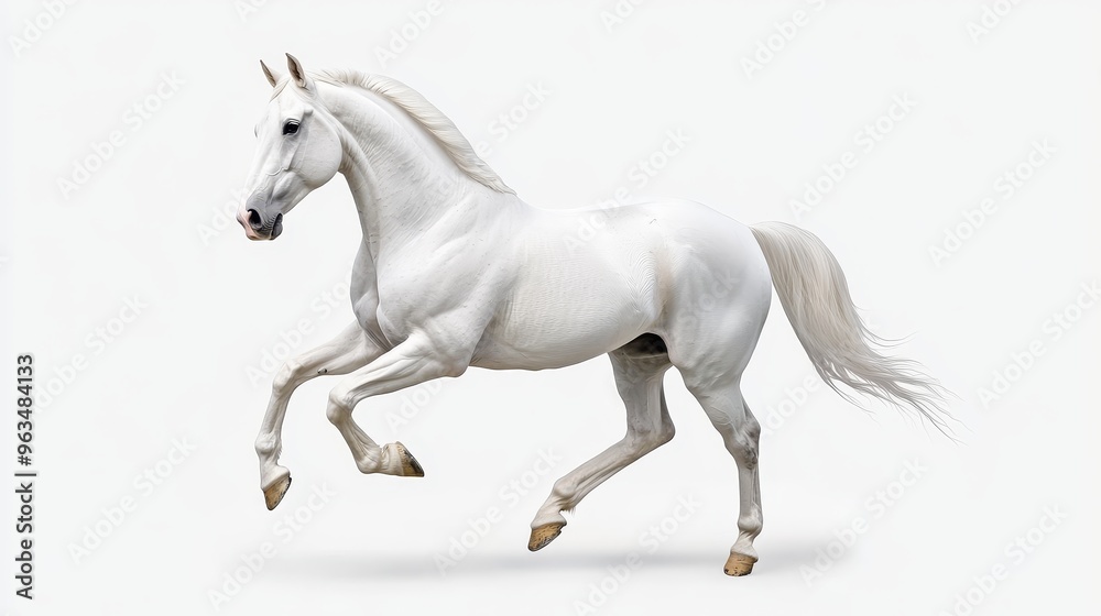 Fototapeta premium A powerful white horse in mid-stride, captured against a clean white backdrop. It symbolizes freedom, grace, strength, and pureness.