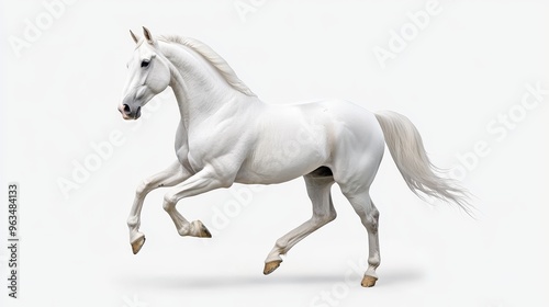 A powerful white horse in mid-stride, captured against a clean white backdrop. It symbolizes freedom, grace, strength, and pureness.