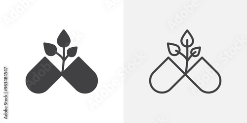 Herbal capsule icon in black filled and outlined style