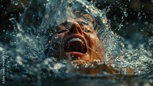 Liquid motion captured in a closeup of a splashing river, with droplets of water against a backdrop of blue and green nature photo