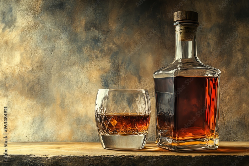 Elegant whisky decanter and glass with amber liquid on rustic wooden table, ideal for luxury drink themes and bar decor. Elegant whisky decanter and glass with amber liquid on rustic wooden table, ideal for luxury drink themes and bar decor.