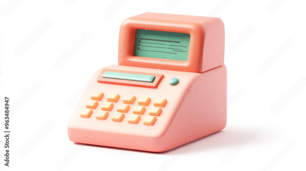 A pastel-colored cash register with a small screen and buttons, designed for retail use. A pastel-colored cash register with a small screen and buttons, designed for retail use.