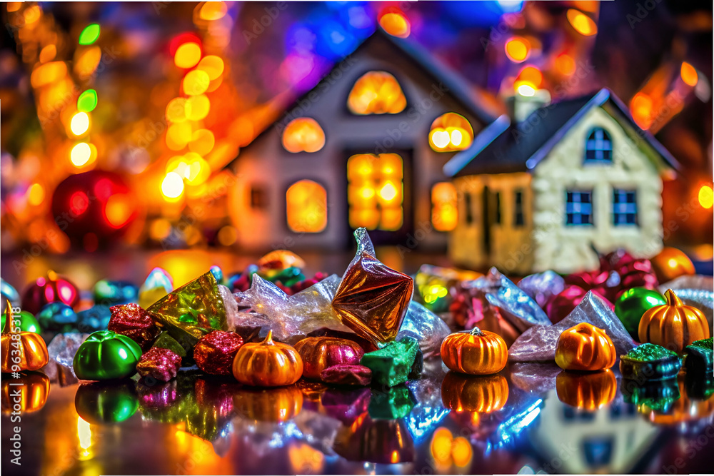 A house and a pile of candy are on a table. Scene is festive and cheerful A house and a pile of candy are on a table. Scene is festive and cheerful