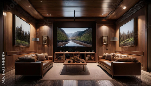 Beautifully renovated basement man cave with a dark wood large screen TV plush furniture