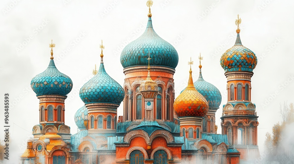 Obraz premium Traditional Russian architecture, cultural element, digital painting, earthy tones, isolated on white background
